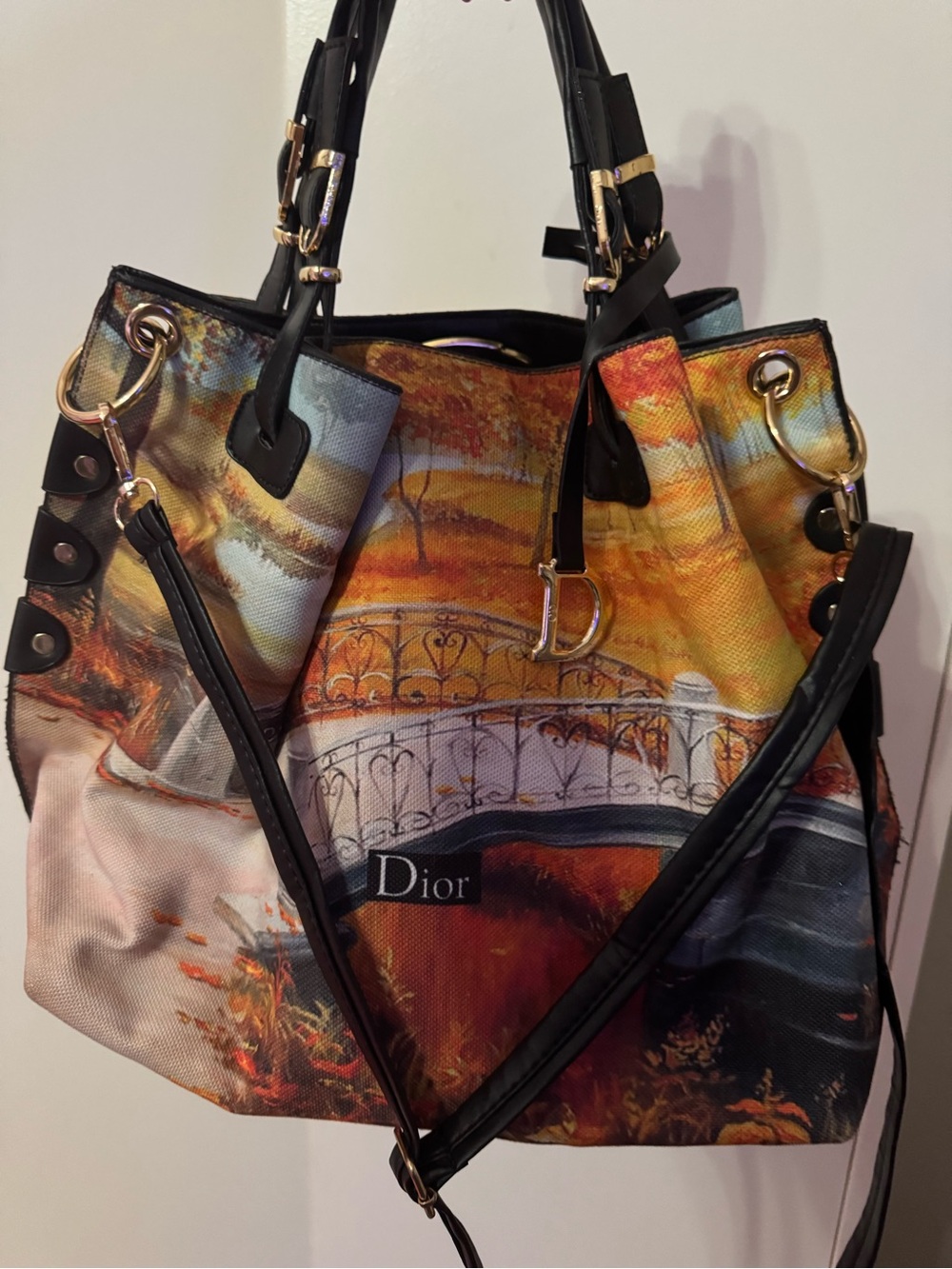 Dior Multicolor Autumn Print Canvas Tote with Black Leather Trim